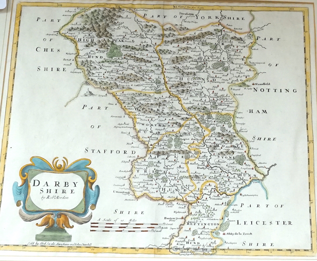 Robert Morden, coloured engraving, Map of Darbyshire, 37 x 42cm